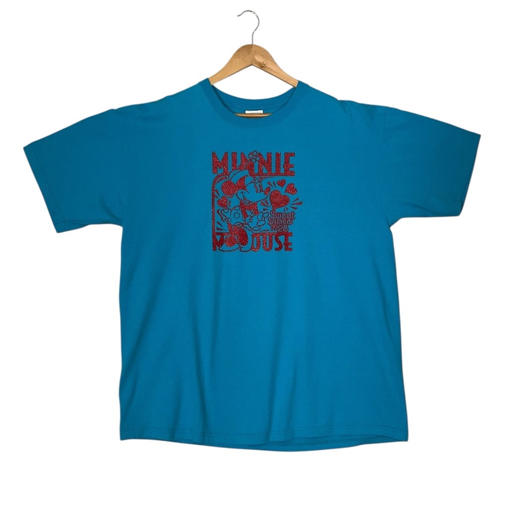 DISNEY sz XL Blue and Red Short Sleeve Sparkly Tee Minnie Mouse